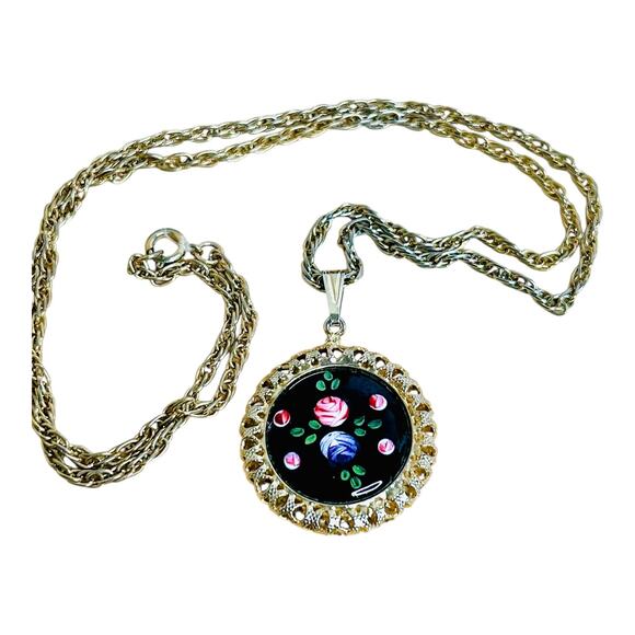 Vintage Black Enamel Victorian Revival Pink Purple Gold Tone Pendant Necklace - Picture 4 of 5